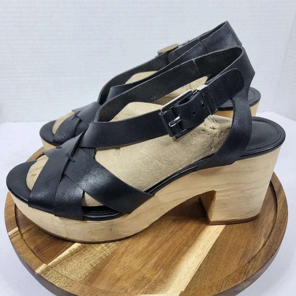 Rebecca Minkoff Black Leather Wood Platform‎ Block Heel Sandals Womens 9M